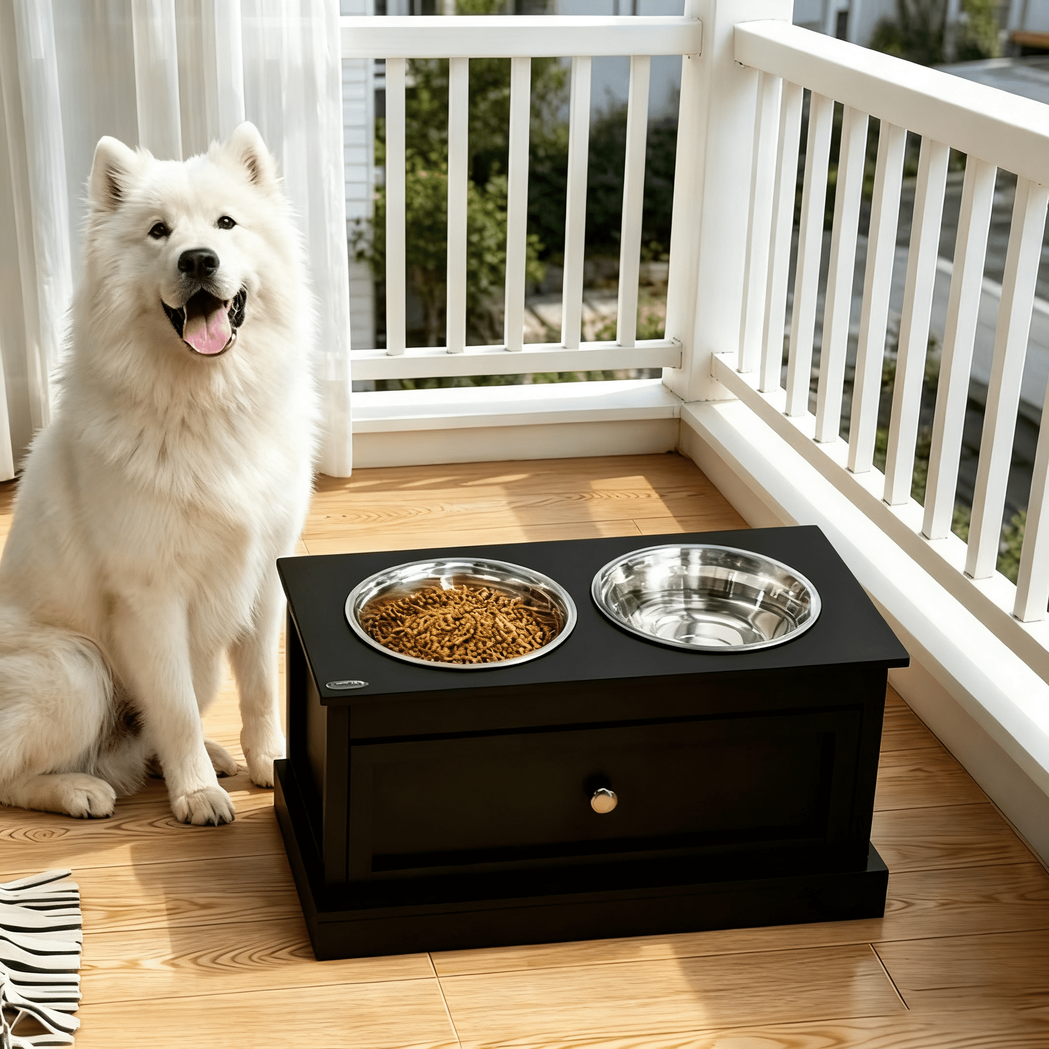 Elevated Dog Bowls with Storage Drawer, Raised Pet Feeder Stand with Dishwasher Safe Stainless Steel Bowls, Modern MDF Feeding Station in Black for Large Dogs