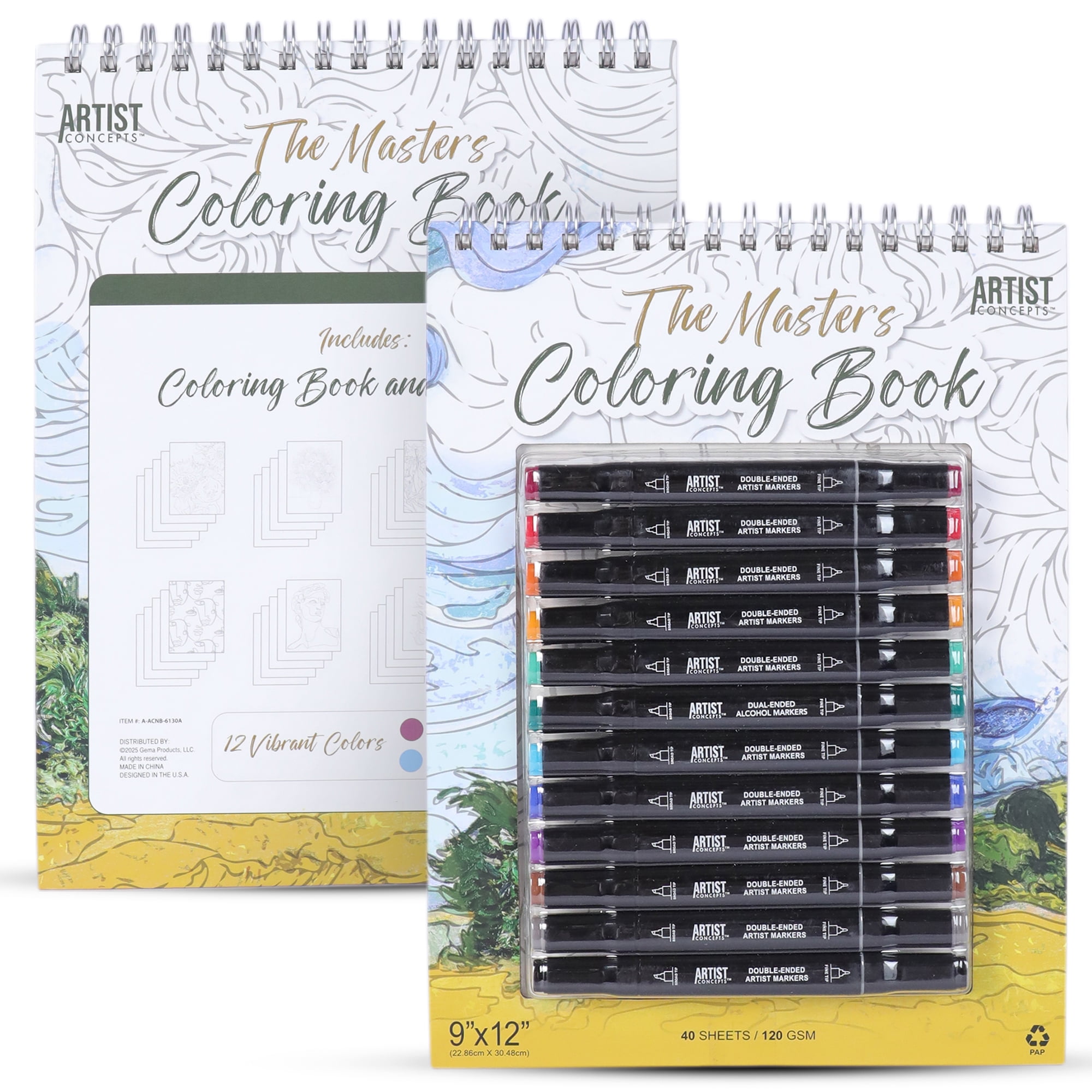 Artist Concepts Coloring Book with 12 Dual-Ended Alcohol Markers for Coloring, Black