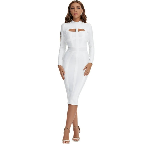BEAUKEY Women's Hollow Out Bandage Dress Long Sleeve Sexy Cut Out High Neck Party Midi Runway Bodycon