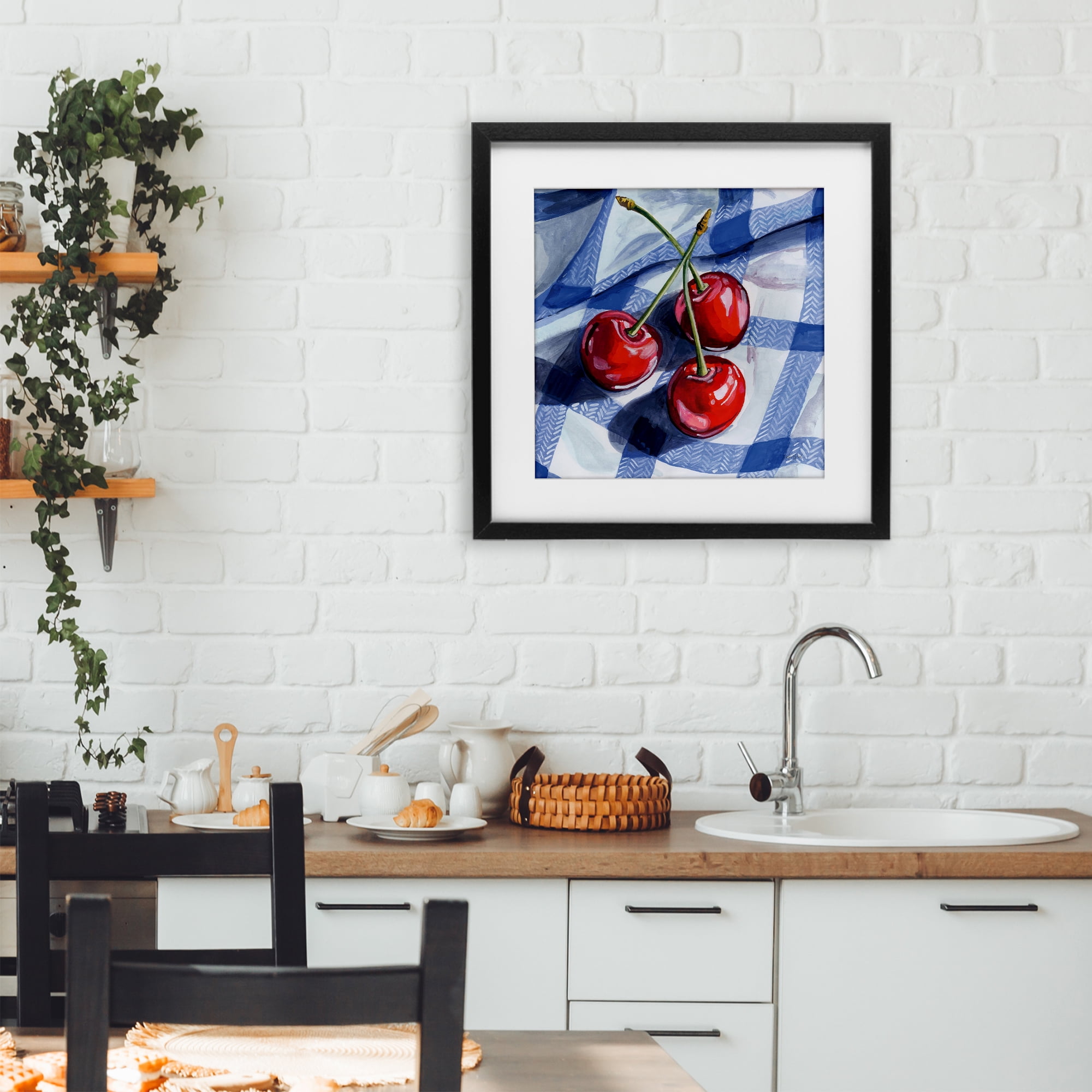 Stupell Industries Three Picnic Cherries on Gingham Black Framed Print Under Glass, design by Kate Jarvik Birch