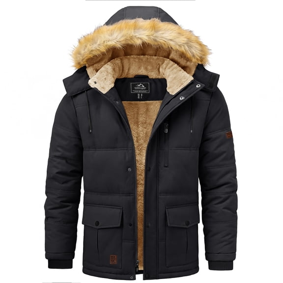 YUCOLEN Men's Winter Warm Fleece Lined Jacket Water Repellent Windproof Thicken Parka Coat with Hood Black XL