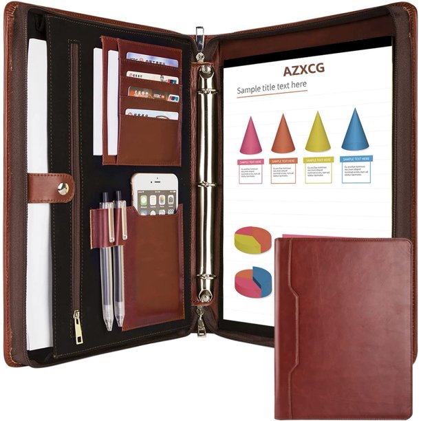 Leather Portfolio Binder with Zipper for 13.5” Tablet, Geninue Padfolio