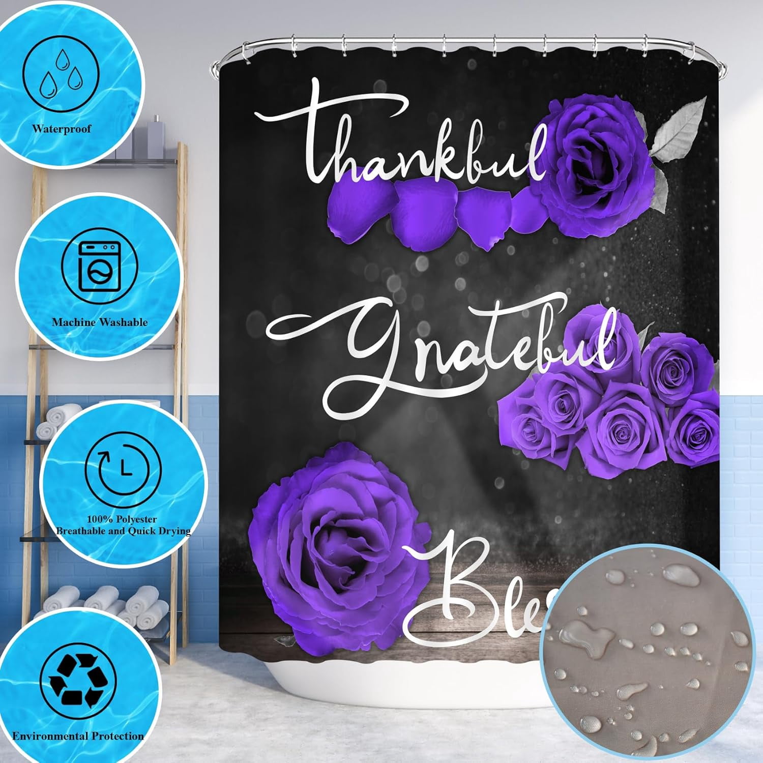 Purple Rose Shower Curtain Sets, Thankful Grateful Blessed Bathroom Curtain with Non-Slip Rug, Toilet Lid Cover, Bath Mat and 12 Hooks, Romantic Showy Floral Wedding Decor for Bath