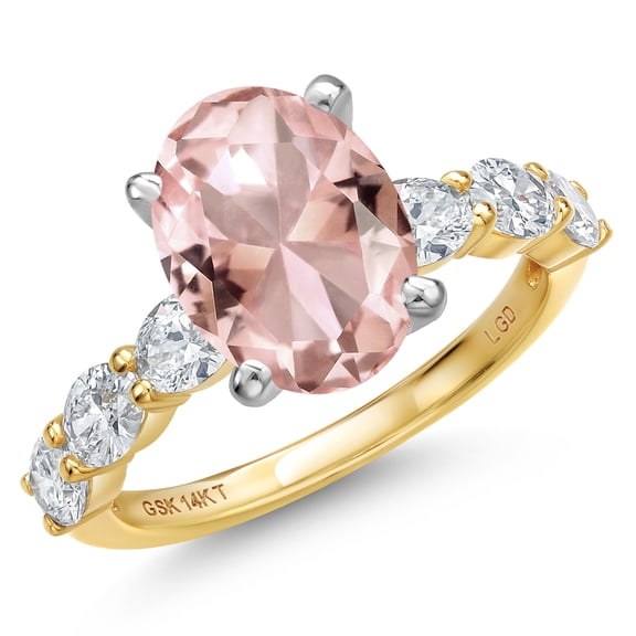 Gem Stone King 14K Two Tone Gold Peach Nano Morganite and Lab Grown Diamond Engagement Ring for Women | 4.78 Cttw | Oval 11X9MM | Gemstone October Birthstone | Size 5