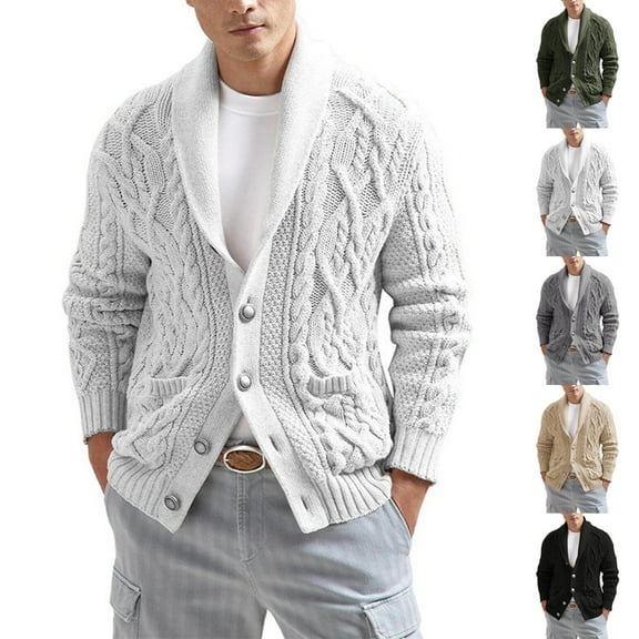 Zimjoy White Cardigan Sweaters for Men Long Sleeve Shawl Collar Cable Knit Sweater Button Up Mens Sweater Loose Fit Casual Fall Winter Jacket Cardigan Men with Pockets, White L