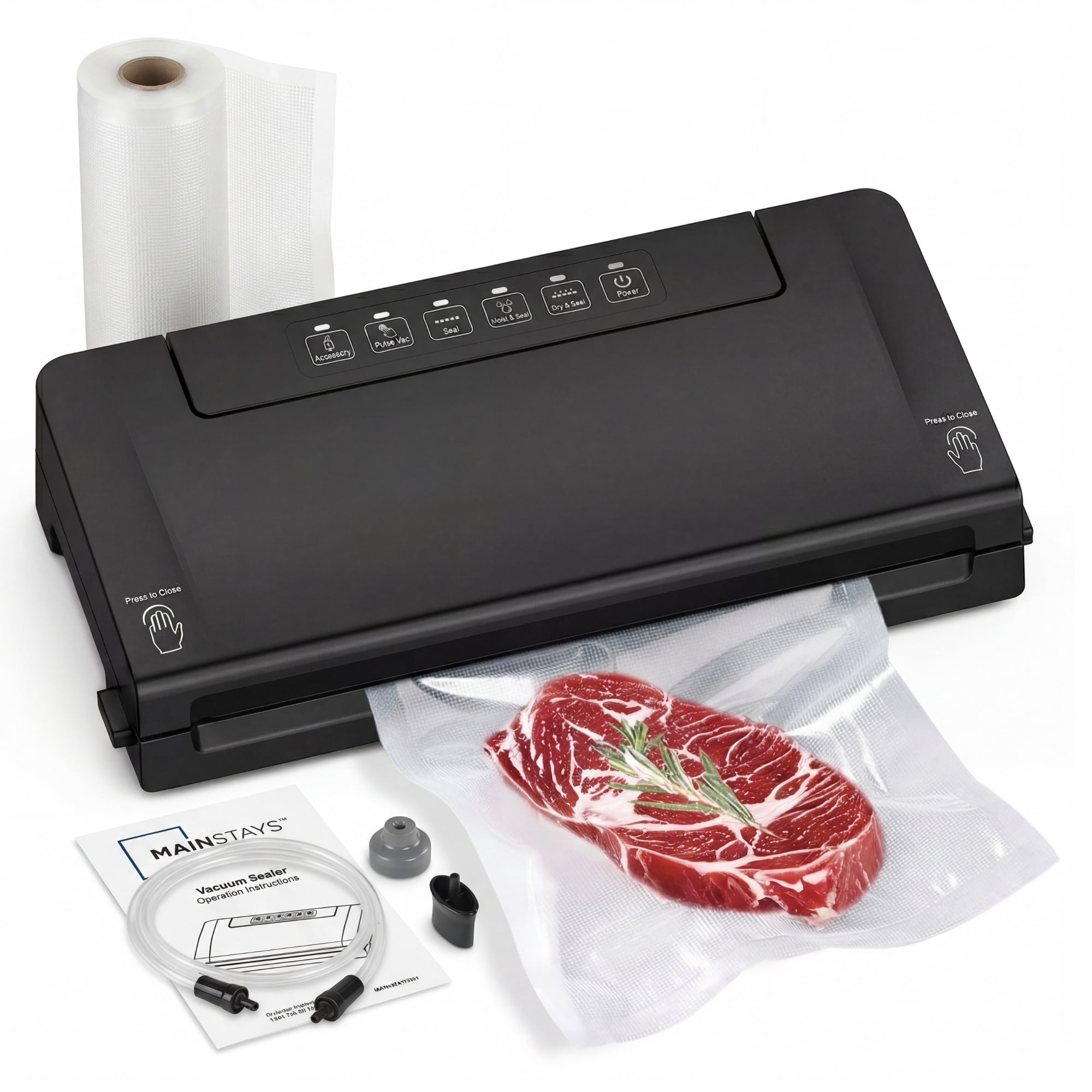 Mainstays Food Vacuum Sealer Machine, Powerful Multi-Mode Food Sealer With Built-In Bag Cutter & Storage, Accessory Port for Jars/Canisters, Includes (1) 11 in Roll, For Meal Prep & Freezer Storage