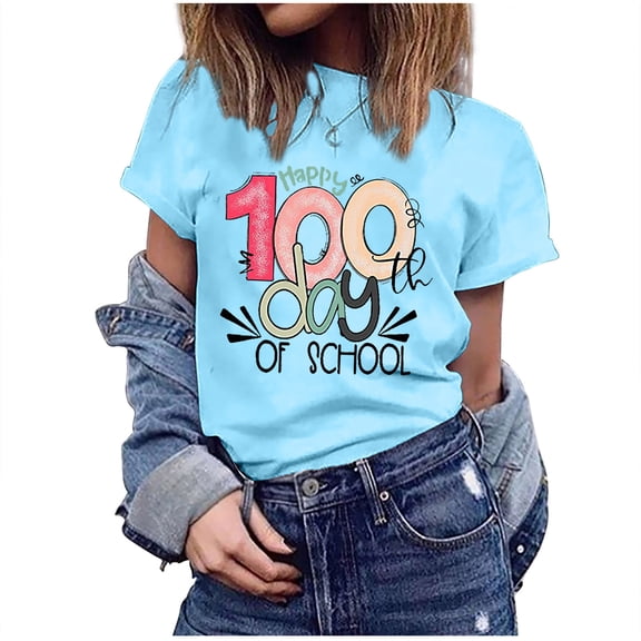 IROINNID Women's Casual Fashion T-shirt Short Sleeve Happy 100th Day Of School Printed Round Neck Tops