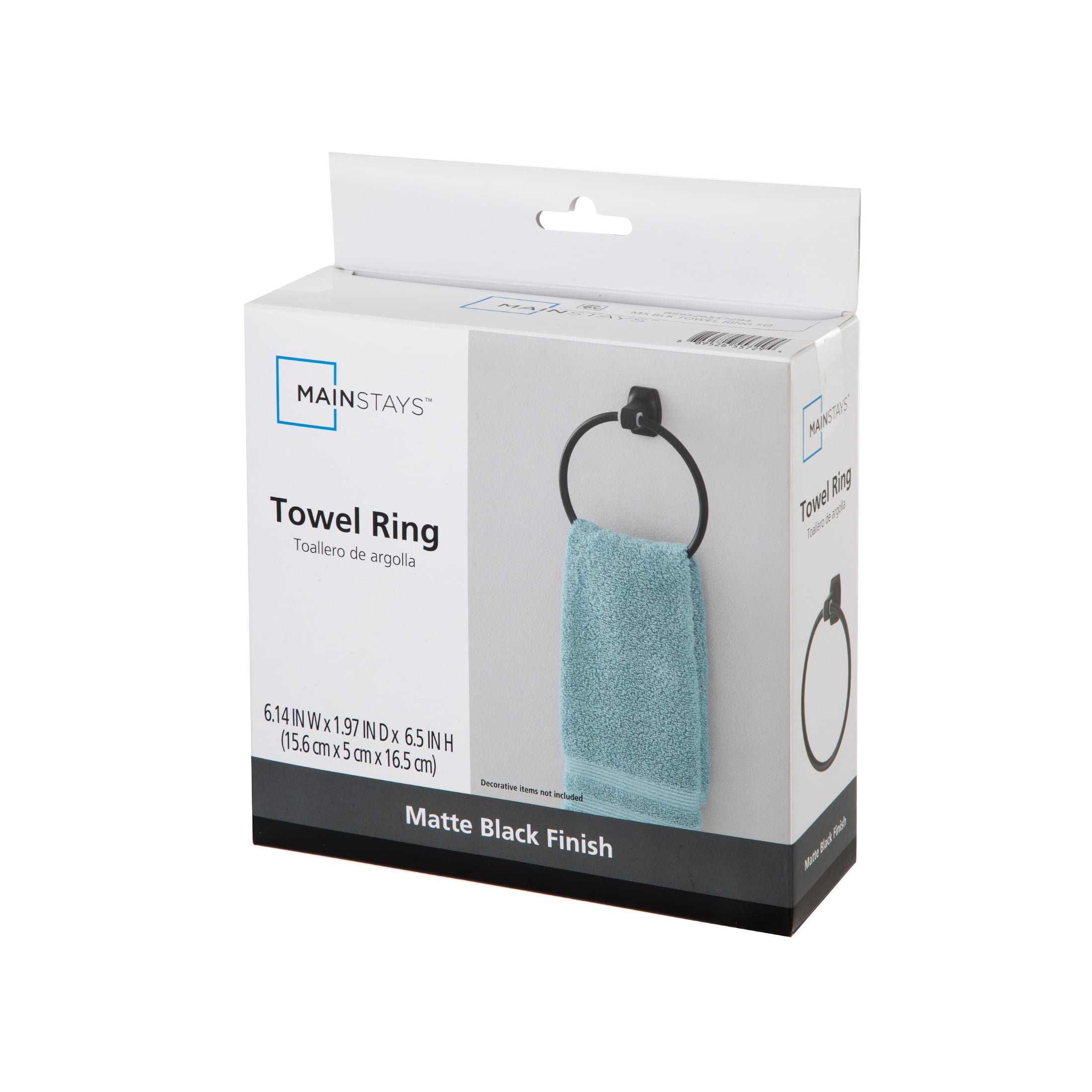 (4 pack) Mainstays Square Wall Mount Towel Ring, Matte Black, 7.1 in