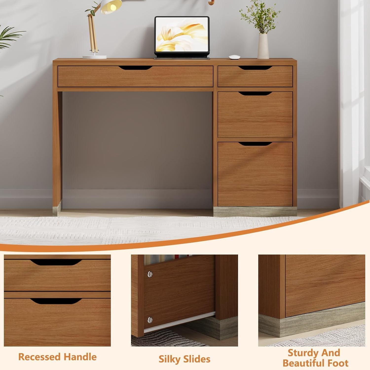 DreamCurship 48 inch Computer Desk with 4 File Drawers, Study Desk with Filing Cabinet and Storage, Home Office Desk for Work and Study, Writing Desk for Small Space, Brown
