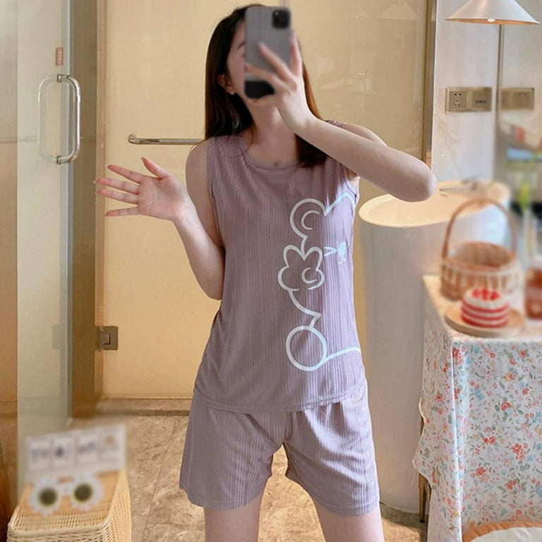 2pcs Women Pajama Set,Two-Piece Summer Nightwear,Girls Sleeveless  Pajama,Crew Neck Loose Sleepwear,Casual Home Clothes,Korean Version  Pajama,Cartoon