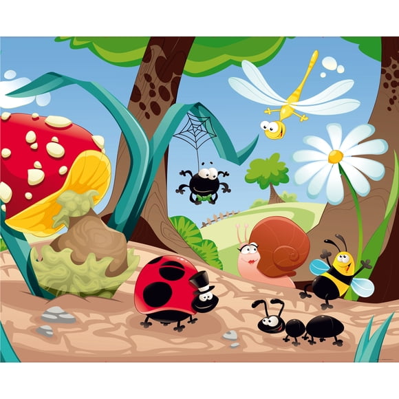 Cartoon Forest Life Ladybug Spider Dragonfly Snail Ant Bee Mushroom Wall Mural Non-Woven Photo Wallpaper MADE in EUROPE for Living Room Family Room Bedroom, 11'10"(H) x 8'10"(V) (360x270 cm)
