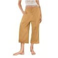 thumbnail image 3 of Charella Womens Linen Cropped Pants Wide Leg Drawstring Elastic Waist Casual Loose Trousers with Pockets (M, Yellow), 3 of 5