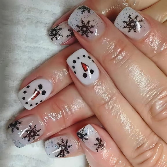 24x Christmas Press On Nails Snowmen Full Cover Stick on Nails Square False Nails Snowflake Artificial Nails for Winter