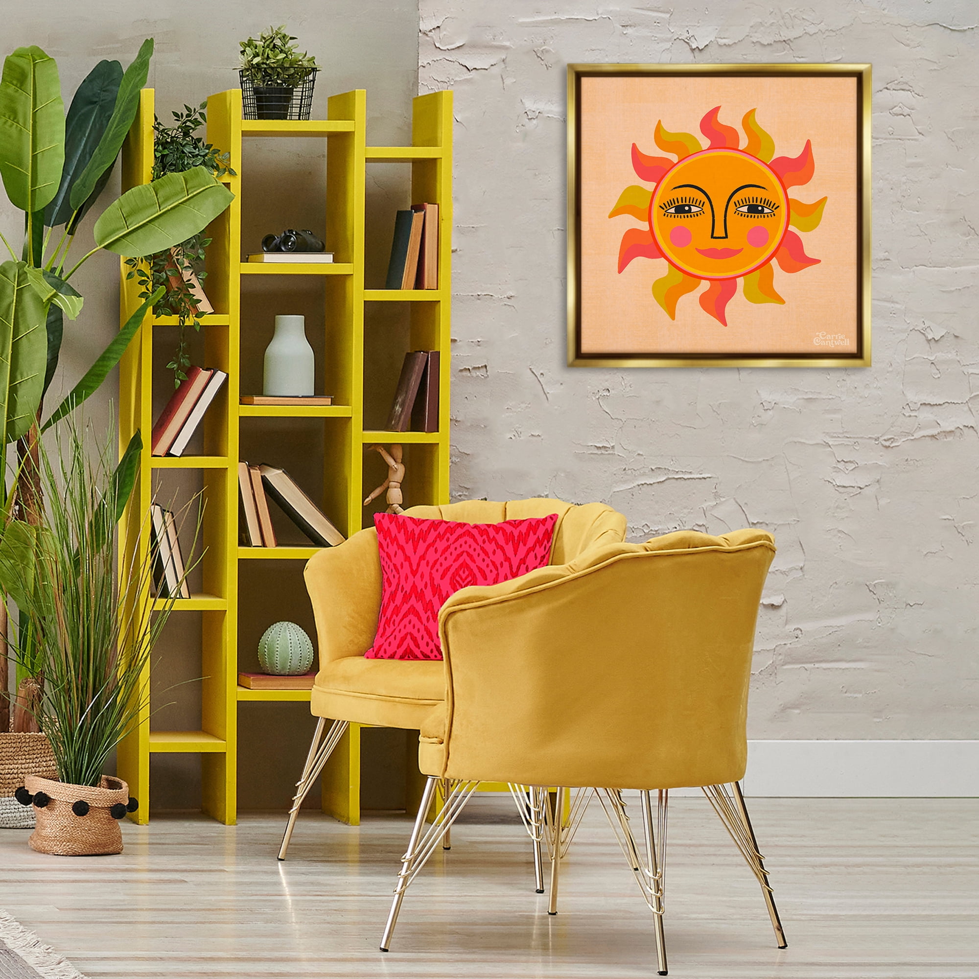 Stupell Industries Retro Boho Sun Landscape & Nature Painting Gold Floater Framed Canvas Art Print Wall Art, 25 x 25