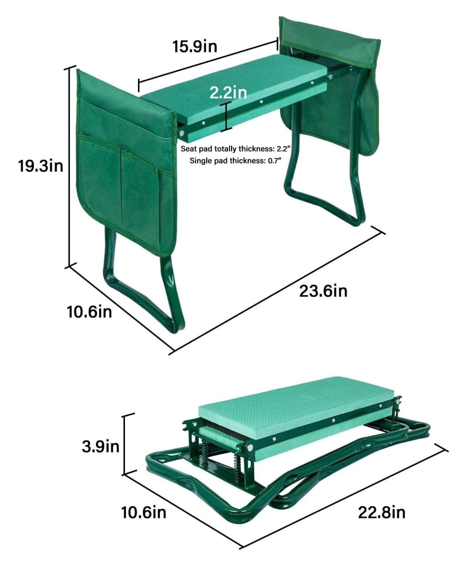 Garden Kneeler and Seat with Sturdy Soft Foam Pad, Foldable Kneeling , 2 Tool Pouches Included, for Camping, Gardening, Fishing, Green