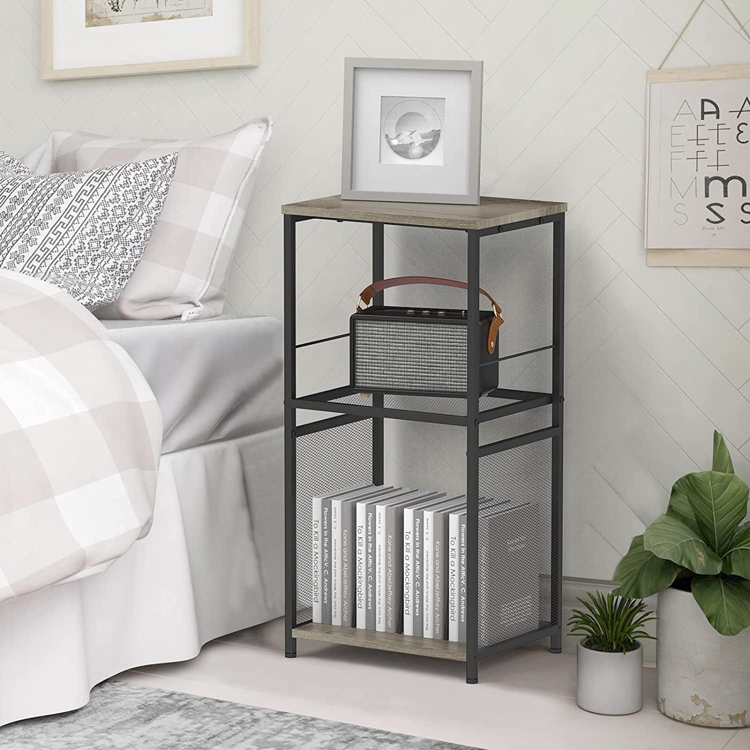 Record Player Stand with Vinyl Record Storage, 3-Tier Gray End Table