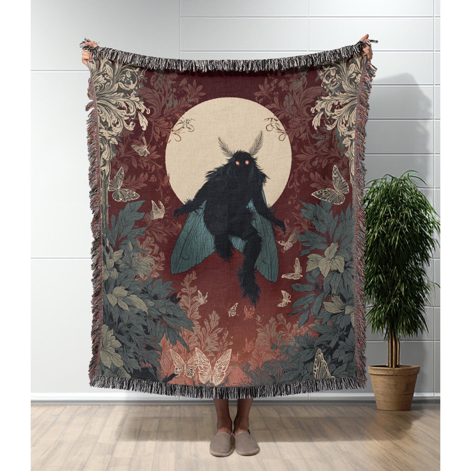 Mythical Mothman Cryptid Woven Throw Blanket Cotton with Fringed Edges for Bedroom Accent