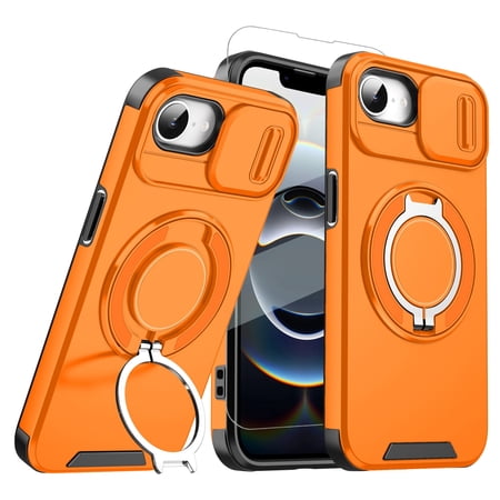 Kryonix for iPhone 17e 6.1'' Case with Screen Protector,Includes a Sliding Camera Cover,360° Magnetic Rotated Ring Kickstand,Military Grade Shockproof Protective Cover,Orange
