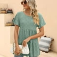 thumbnail image 2 of Camiseta holgada de color puro, con cuello redondo, holgada y con aberturas para mujer, XXL, verde, con mangas con volantes para verano, 2 of 6