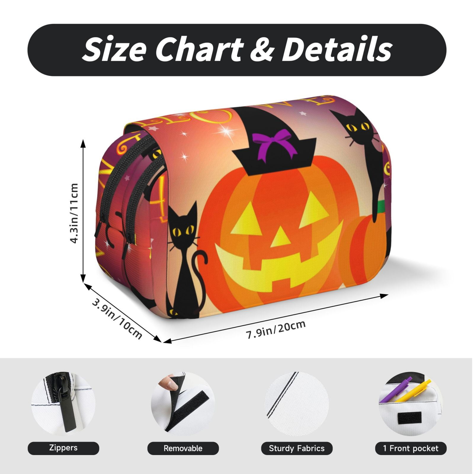 Rateoe Halloween Pattern Double Clamshell Pen Case, Storage Organizer with Two Zipper Compartments– Holds Up to 50 Pencils & Pens