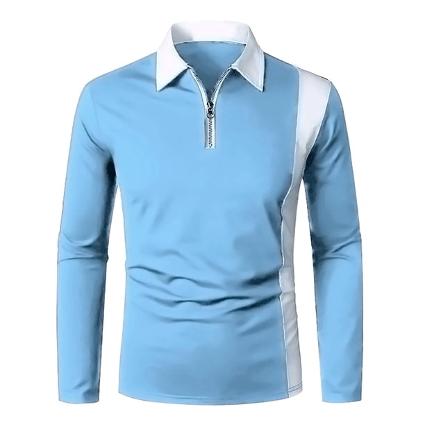 Gibobby Playera polo hombre Camisa informal con cremallera y empalme para hombre, blusa con cuello vuelto, blusa de manga larga, camisa informal a la mod(Azul,G)