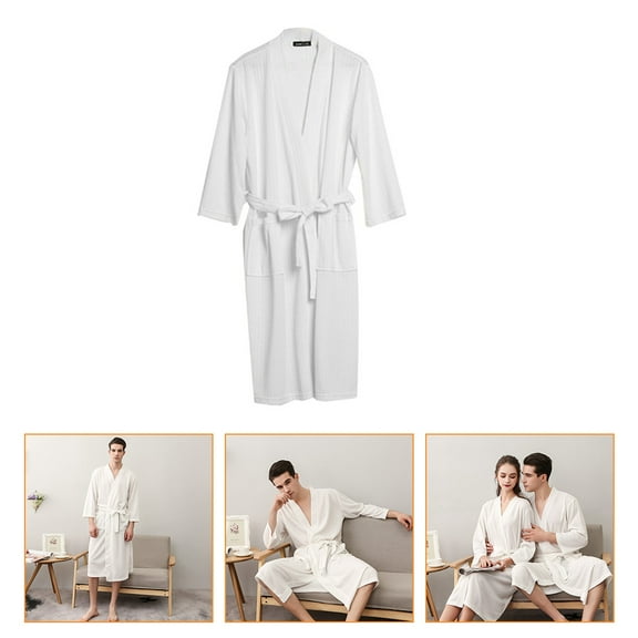 STRANDCHIC Men's White Dressing Gown 1 Pc Loose Fit Polyester Bathrobe for Couples' Bathing Use