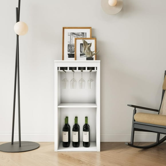 Brown Walnut Color Modular Wine bar Cabinet with Storage Shelves with Hutch for Dining Room (White + MDF)