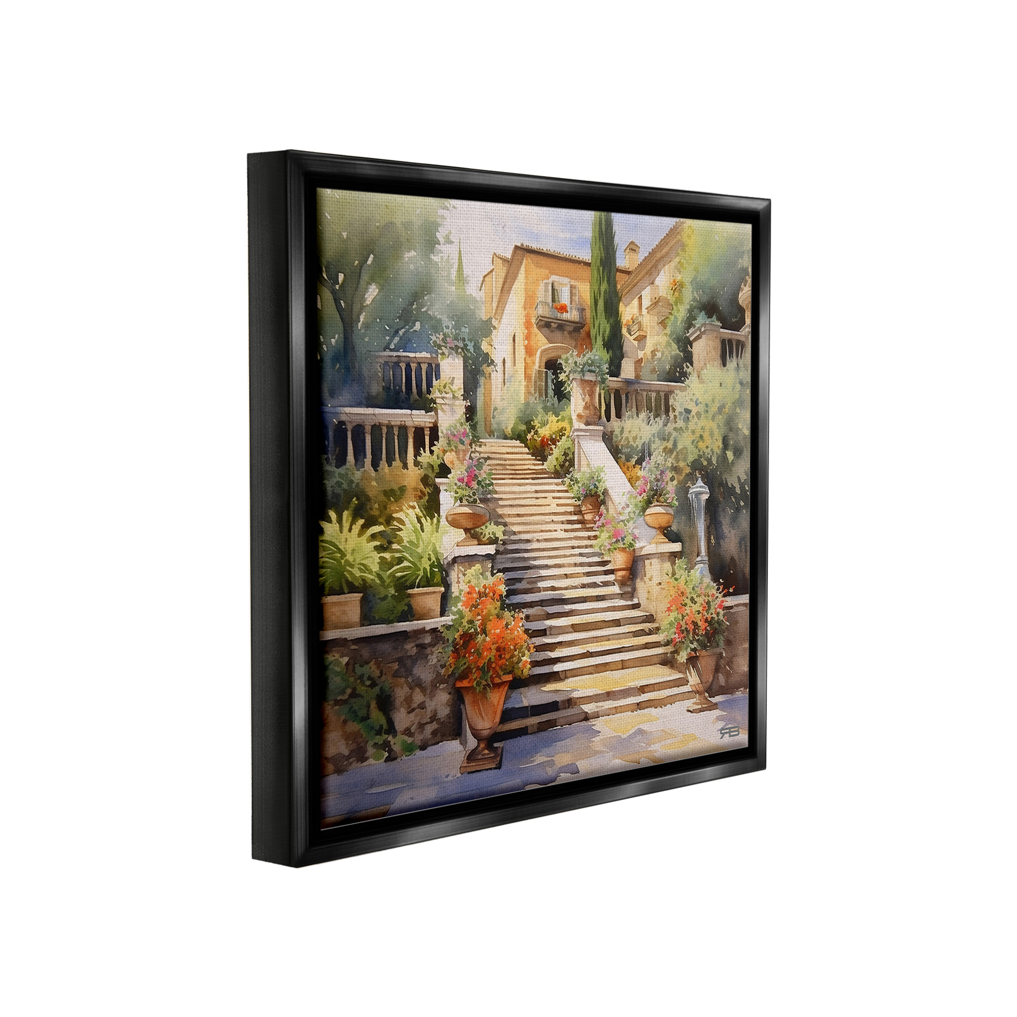 Stupell Industries Stairs to European Villa Botanical & Floral Painting Black Floater Framed Canvas Art Print Wall Art, 18 x 18