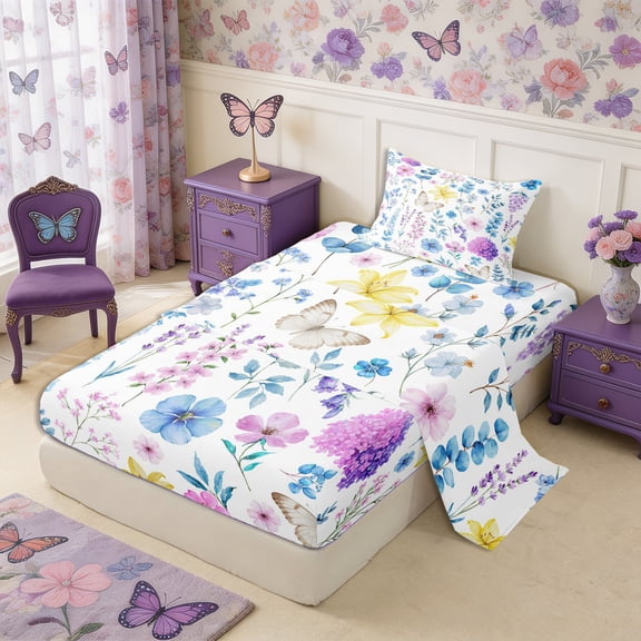 Manfei Botanical Flower Butterfly Twin Sheets 3pcs,Spring Garden Bedding,1 Flat Sheet,1 Fitted Sheet and 1 Pillowcase