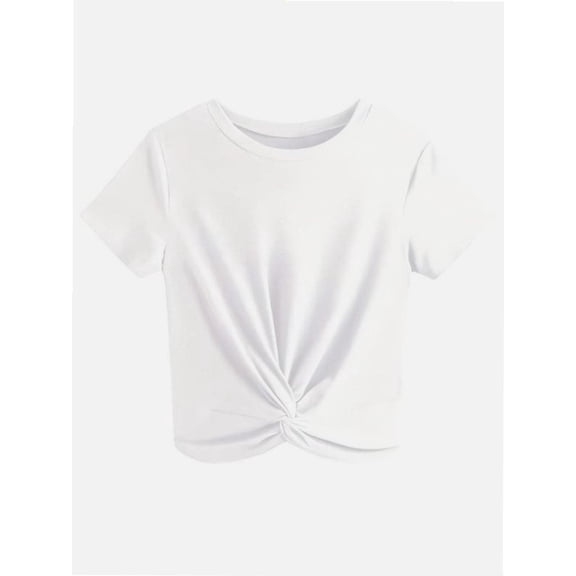 Women's Summer Causal Short Sleeve Blouse Round Neck Crop Tops Twist Front Tee T-Shirt