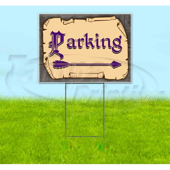 Medieval Fair Parking Right Arrow Purple Scroll (18" X 24") Yard Sign, Includes Metal Step Stake