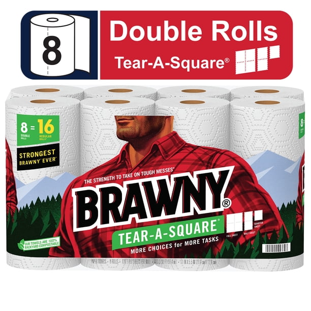 Brawny Tear-A-Square Paper Towels - 8 Double Rolls (Equals 16 Regular Rolls), 3-Ply Premium Strength
