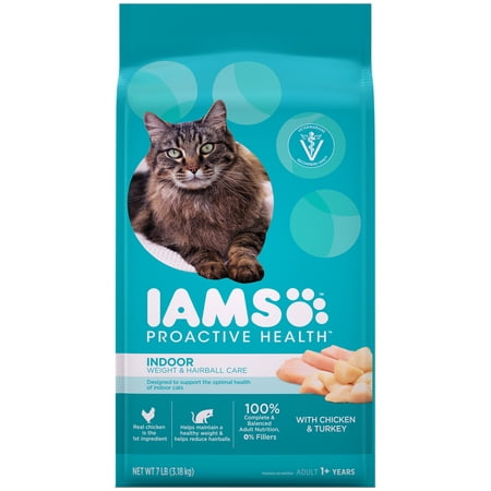 Iams ProActive Health Adult Indoor Weight Control & Hairball Control Dry Cat Food with Chicken, Turkey, and Garden Greens, 7 lb.
