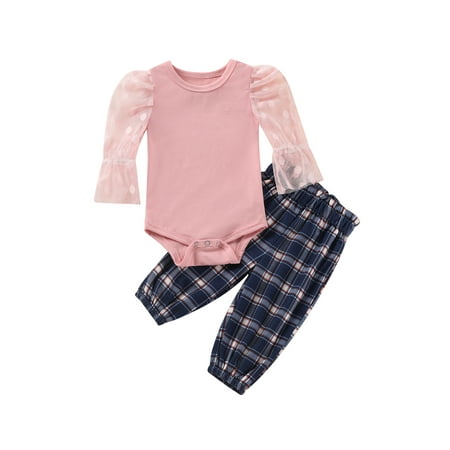 

FOCUSNORM Infant Baby Girls Two-piece Clothes Set Pink Round Collar Long Sleeves Romper and Plaid Printed Pattern Trousers