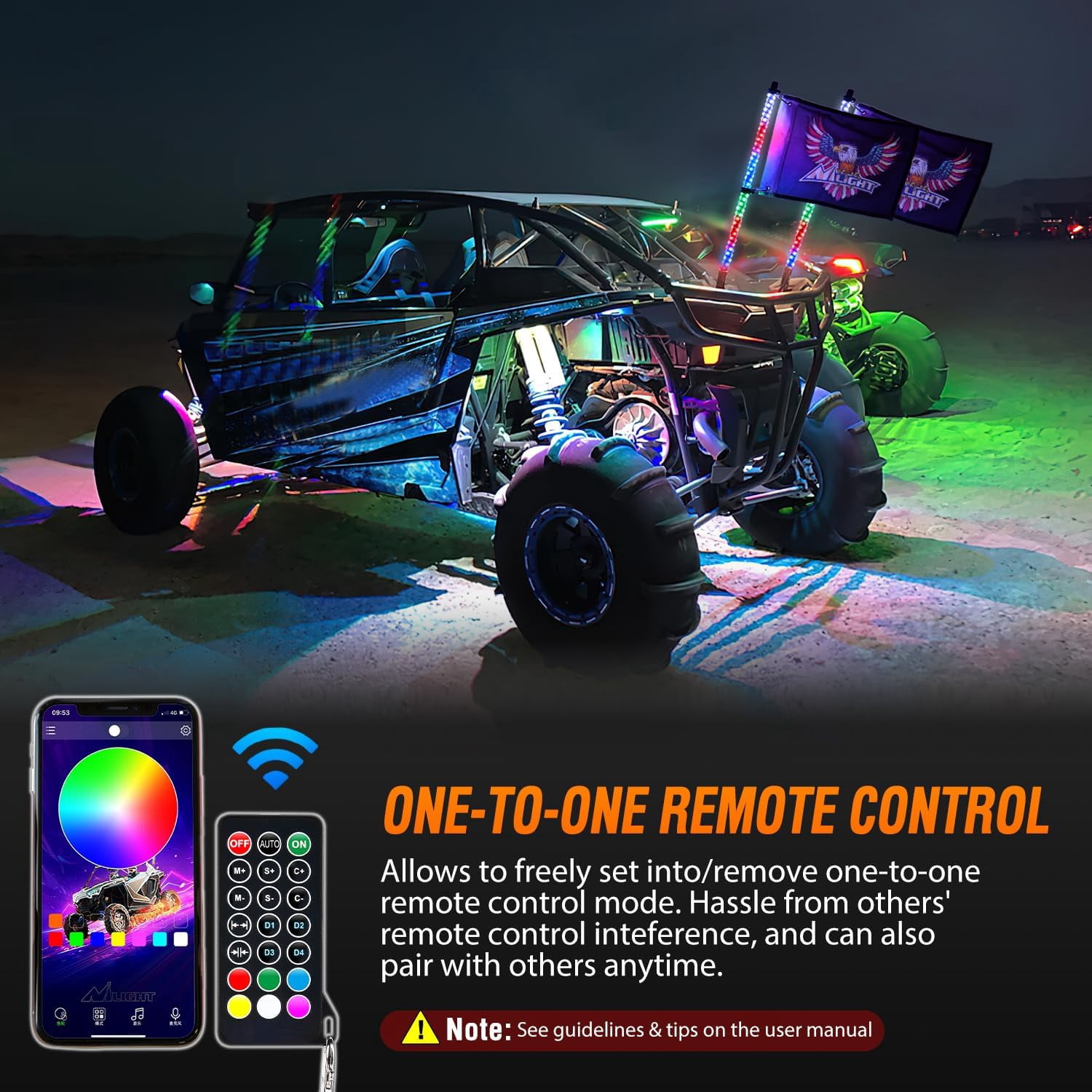Nilight 2Pcs 2FT RGB Led Whip Light with Extra Stop Turn Reverse Light, Remote & App Control, DIY Chasing Patterns, Safety Antenna Lighted Whips for ATV UTV Polaris RZR Can-am