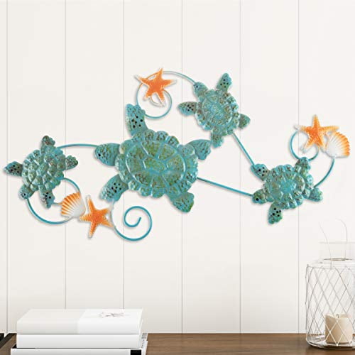 Lavish Home Turtles Wall Art with Shells and Starfish Nautical 3D Metal Hanging Decor-Vintage Coastal Under Water Sea Life Ocean Home Artwork