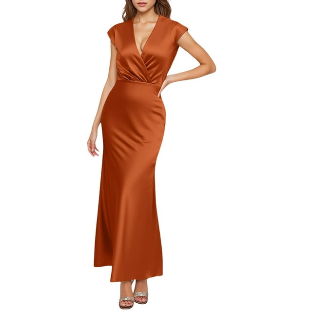 Vestido largo sin espalda con cuello en V de satén para mujer - Elegante para invitada de boda