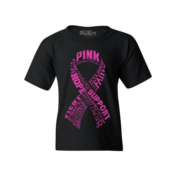 Shop4Ever Kids Pink Ribbon Montage Word Cloud Breast Cancer Graphic Child's Youth T-Shirt Large Black