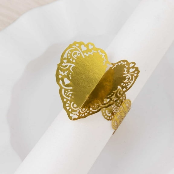 Balsa Circle 12 Gold Shimmery Laser Cut Heart Paper Napkin Rings with Lace Pattern Party Wedding Decorations Events Reception Supplies