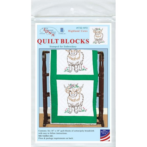 Jack Dempsey Stamped White Quilt Blocks 18"X18" 6/Pkg-Highland Cow