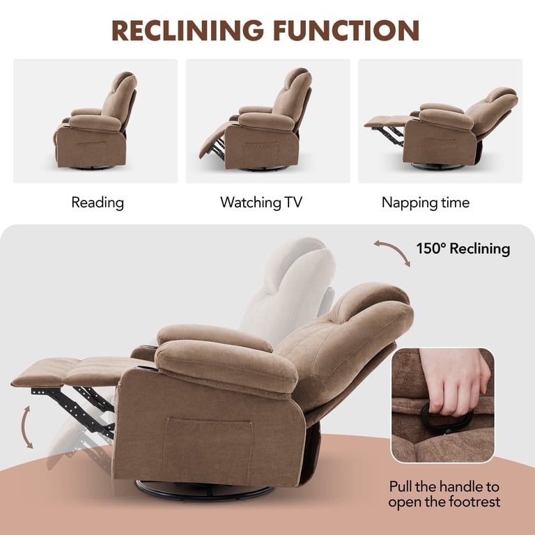 Oversized Swivel Rocker Recliner With Heat & Massage – 360° Swivel, Cup Holders, USB Port, Brown Leather