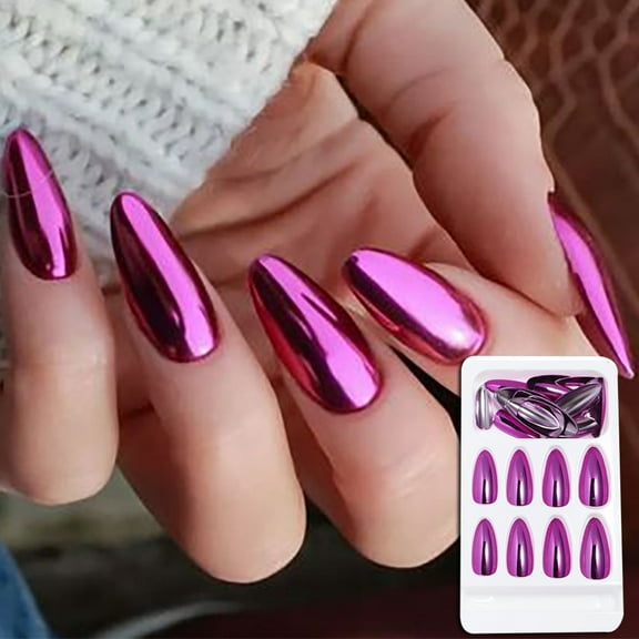 Metallic Purple Press On Nails Long Medium Coffin Silver Fake Nails Red Blue Pink Acrylic Nail Tips Glue on Nails