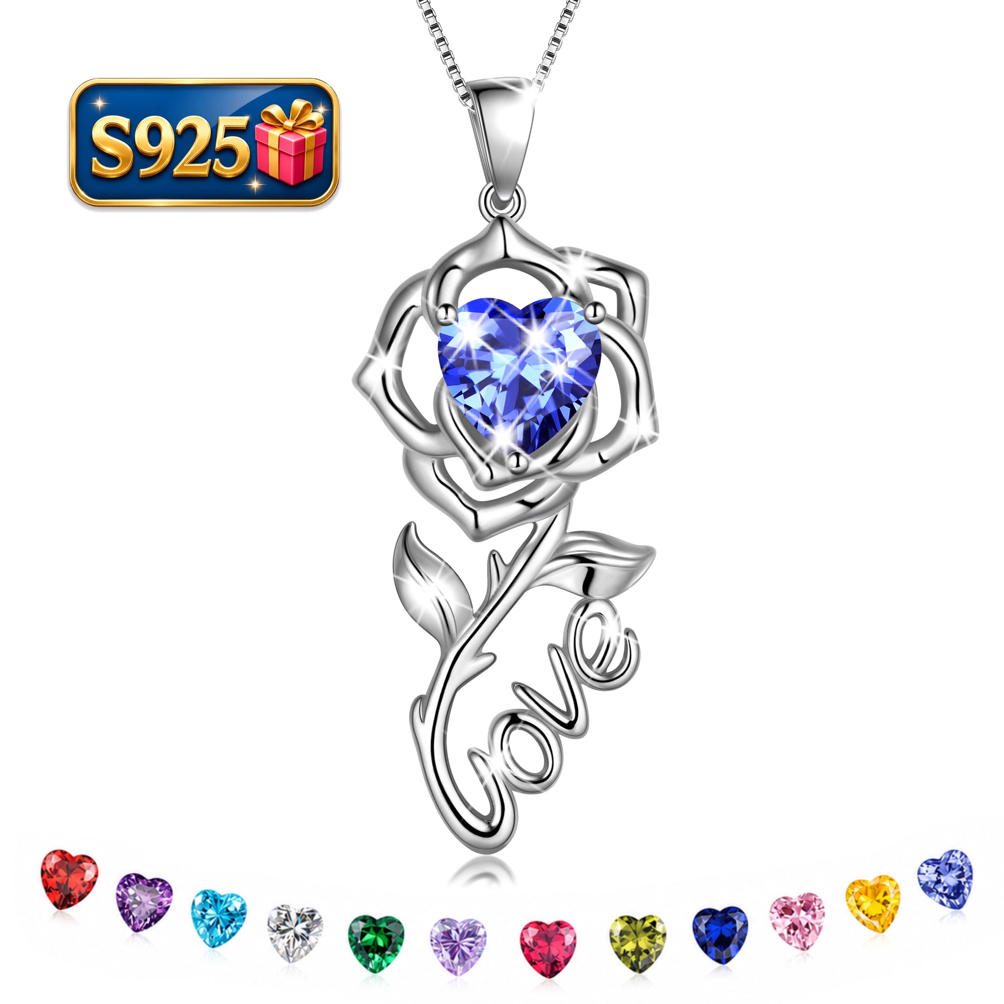 Beautlace Rose Love Neckalce,925 Sterling Silver Birthstone Pendant Necklace Jewelry Birthday Christmas Valentines Mother's Day Gifts for Women Mom
