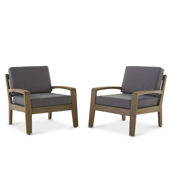 Giselle Outdoor Acacia Wood Club Chairs with Cushions (Set of 2), Gray and Dark Gray