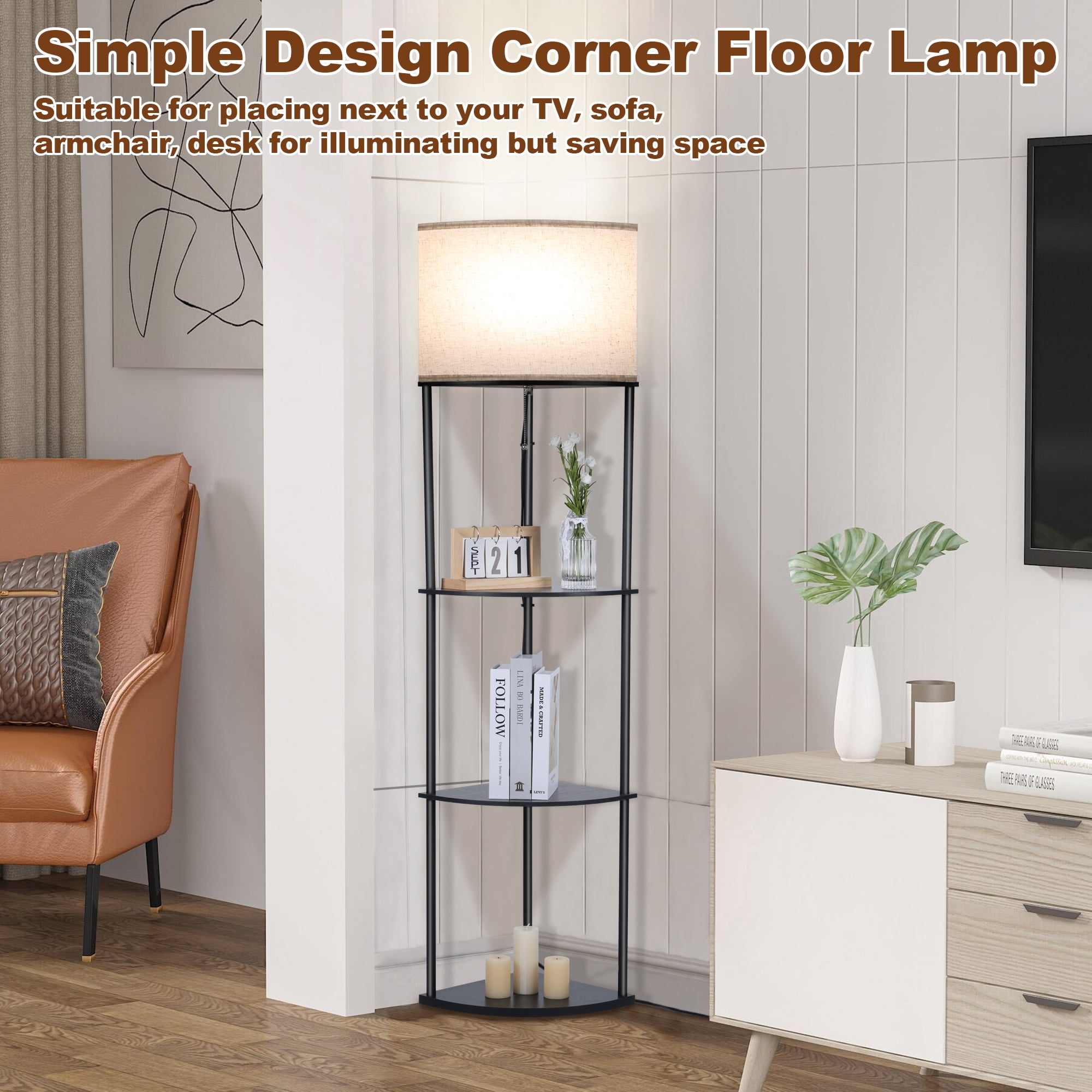 Vesteel Corner Floor Lamp for Living Room, Standing Lamps with with 3-Tier Shelves & 3 Color Temperature LED Bulb, Tall Lamp for Bedroom Reading Room & Office