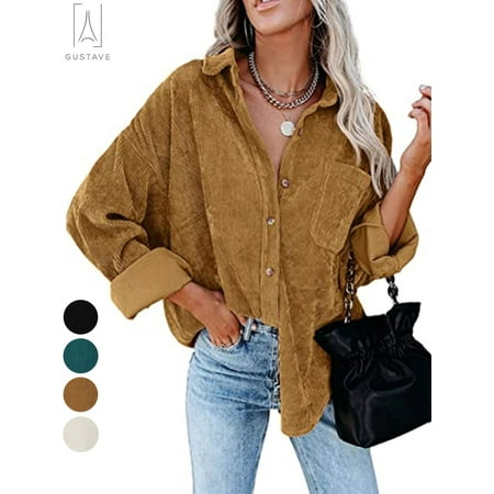 Gustave Womens Corduroy Button Down Boyfriend Shirts Long Sleeve Oversized Blouses Tops Coat Solid Color "Coffee,S"