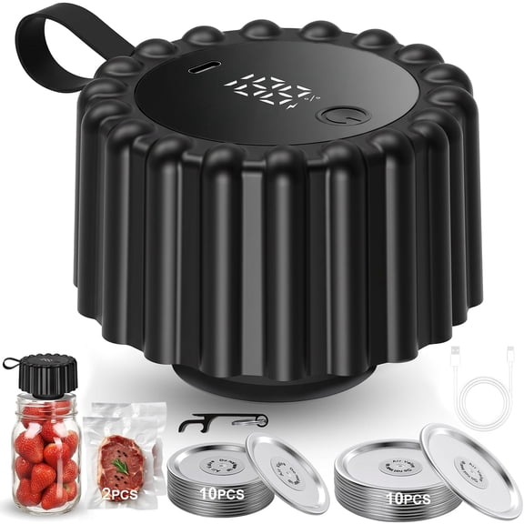 Electric Mason Jar Vacuum Sealer Kit, 1800mAh Rechargeable Mason Jar Sealer for Wide & Regular Mouth, 1-Button Food Saver Vacuum Sealer with 20 Lids & Bags