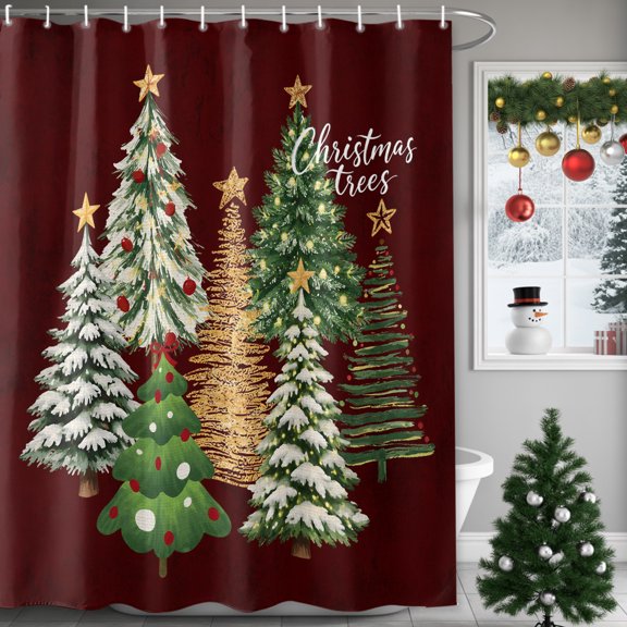 Shower Curtains for Bathroom-36"x72",Merry Christmas Trees Stars Waterproof Bath Curtain Grommet Shower Curtain Set with Hooks,