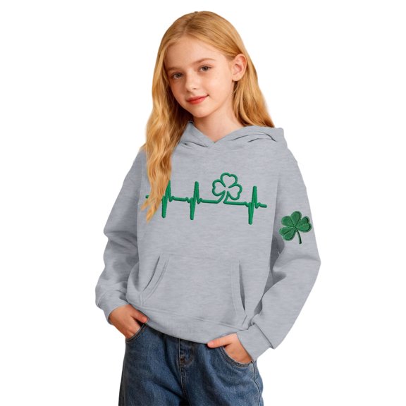 St. Patrick's Day Girls Hooded Sweatshirt With Print And Pocket Cozy Pullover Casual Kids Top Irish Green Pullover Hoodie 3-14Y
