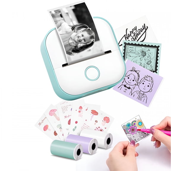 GJX Mini Label Printer Portable Small Printer with 3 Paper Rolls, Sticker Printer for Study, Notes, Pictures, Photos, Diaries, DIY, Compatible with Phone & Tablet
